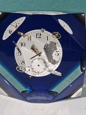 Exploded Clock Component Paperweight Lucite Floating Parts 3" x 3" Vintage